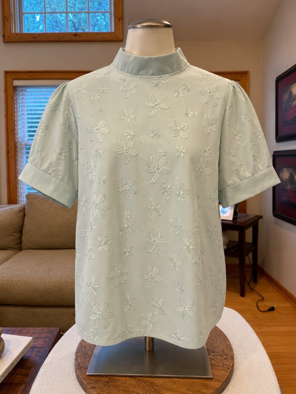 Sage Green Floral Embroidered Mock Neck Blouse Size Medium